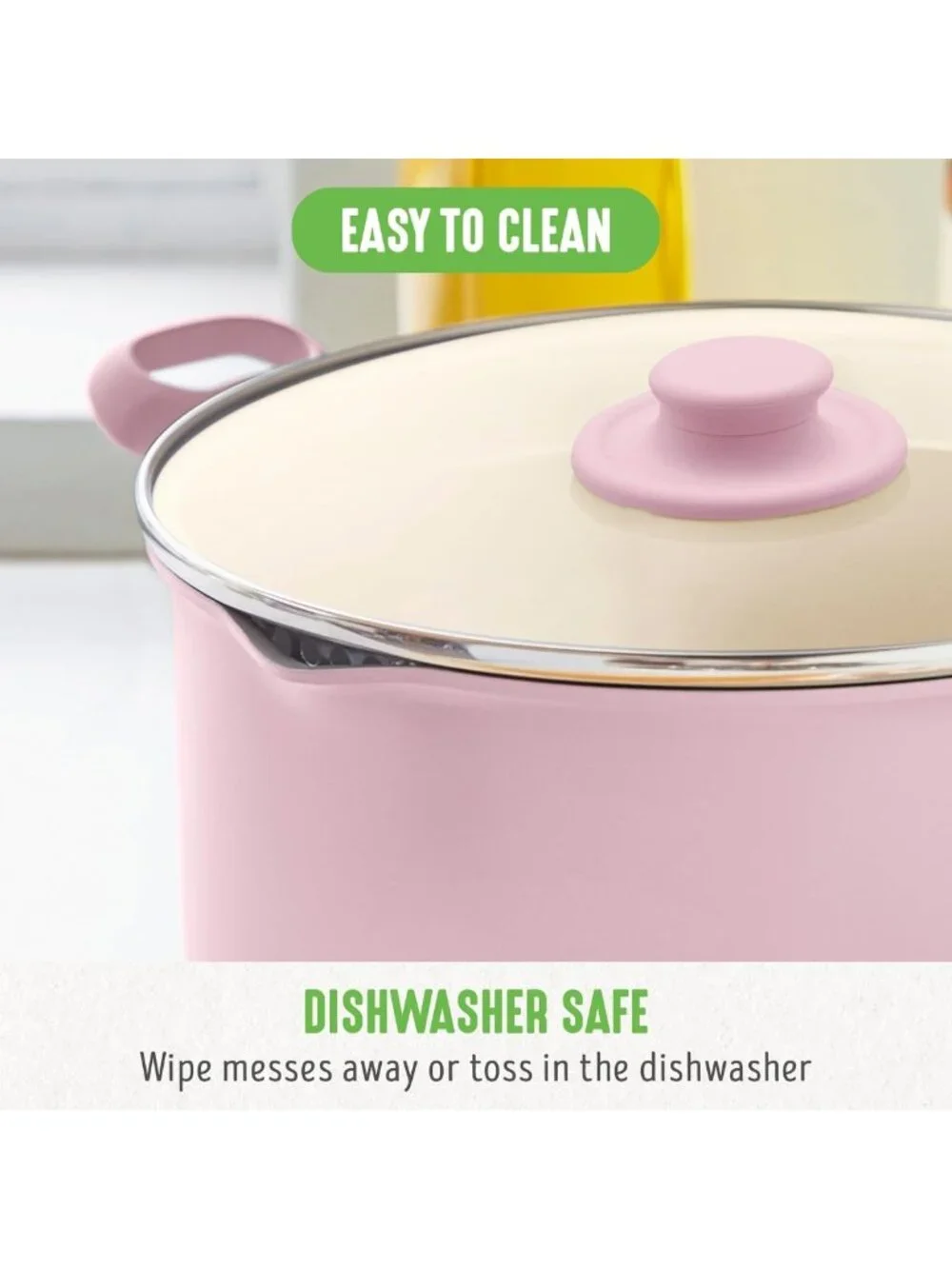 Ceramic Nonstick 6QT Stockpot with Glass Lid, PFAS-Free, Dishwasher Safe, Pink